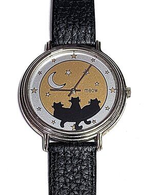 Meow gold & silver tone black cat celestial watch